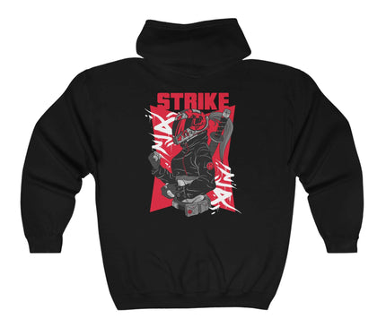 Black graphic hoodie featuring 'Strike' design, perfect for streetwear style, made from 50% cotton and 50% polyester.