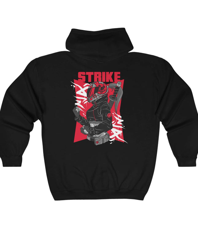 Black graphic hoodie featuring 'Strike' design, perfect for streetwear style, made from 50% cotton and 50% polyester.