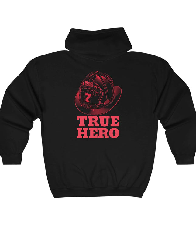 True Hero Classic Zip Hoodie in black with graphic design, ideal for streetwear enthusiasts.