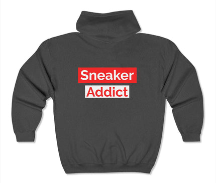 Sneaker Addict Classic Zip Hoodie in dark gray, a graphic hoodie for streetwear enthusiasts.