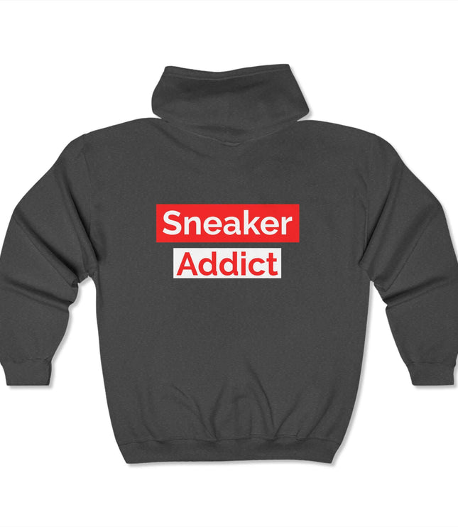 Sneaker Addict Classic Zip Hoodie in dark gray, a graphic hoodie for streetwear enthusiasts.