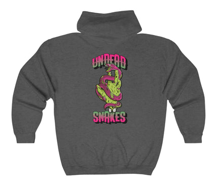 Undead Snakes graphic hoodie, streetwear style, featuring vibrant snake design on a classic zip hoodie.