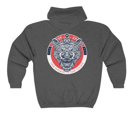 Classic zip hoodie in dark grey with a bold graphic design, perfect for streetwear enthusiasts.