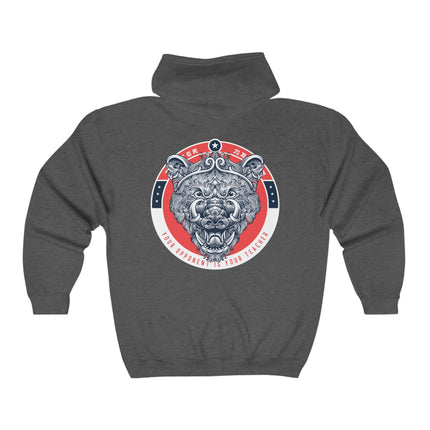 Classic zip hoodie in dark grey with a bold graphic design, perfect for streetwear enthusiasts.