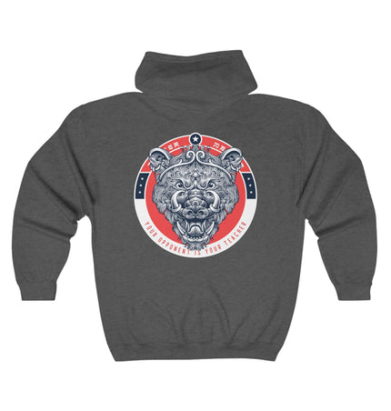 Classic zip hoodie in dark grey with a bold graphic design, perfect for streetwear enthusiasts.