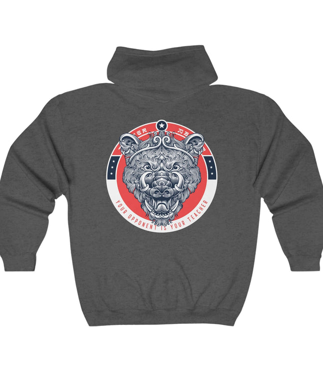 Classic zip hoodie in dark grey with a bold graphic design, perfect for streetwear enthusiasts.