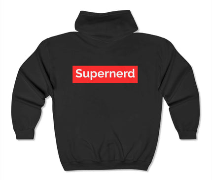Back view of Supernerd classic zip hoodie in black, featuring a bold red graphic design, perfect for streetwear.