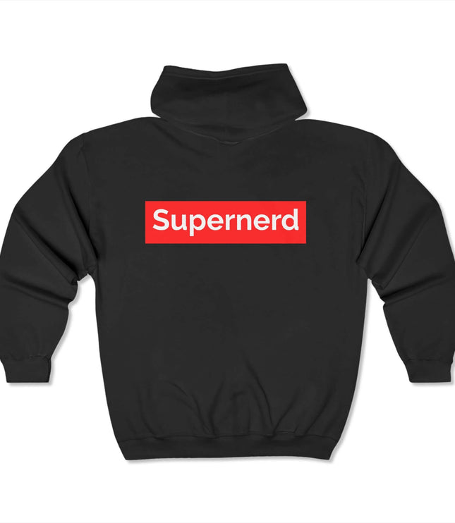 Back view of Supernerd classic zip hoodie in black, featuring a bold red graphic design, perfect for streetwear.