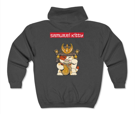 Samurai Kitty Classic Zip Hoodie featuring a graphic design of a cat wearing samurai armor, ideal for streetwear enthusiasts.