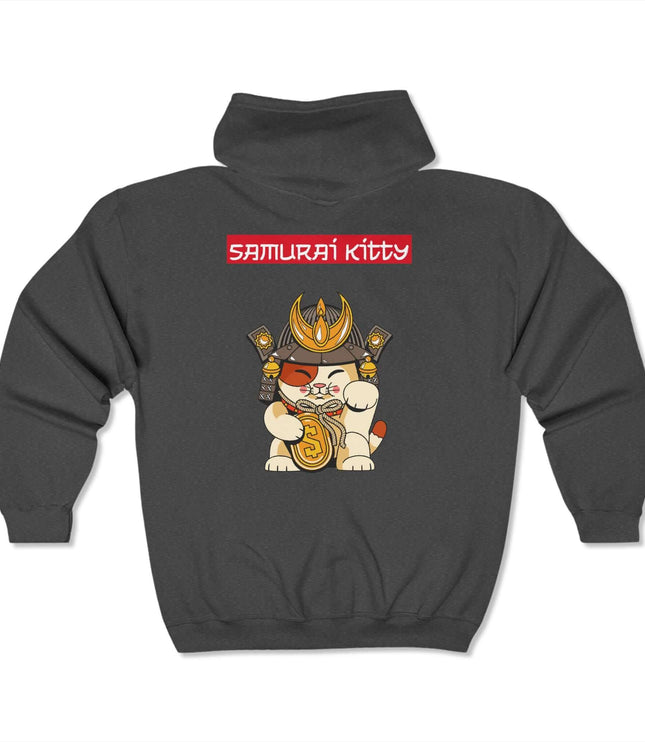 Samurai Kitty Classic Zip Hoodie featuring a graphic design of a cat wearing samurai armor, ideal for streetwear enthusiasts.