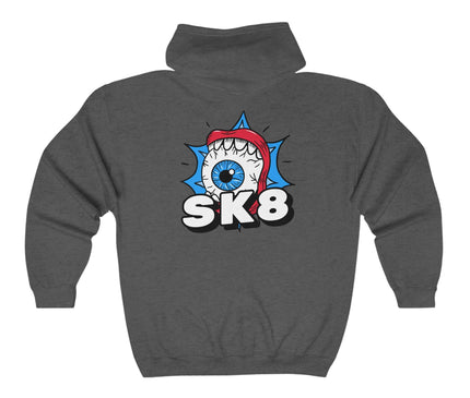 Back view of Sk8 Classic Zip Hoodie featuring a vibrant graphic design, perfect for streetwear enthusiasts.