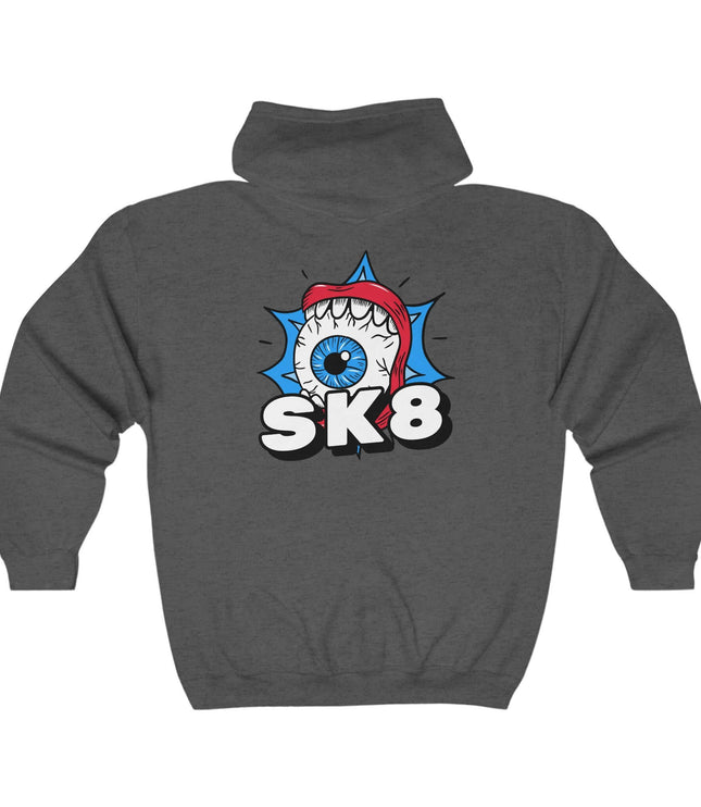 Back view of Sk8 Classic Zip Hoodie featuring a vibrant graphic design, perfect for streetwear enthusiasts.