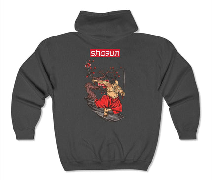Shogun Classic Zip Hoodie in charcoal featuring streetwear graphic design, perfect for a stylish casual look.