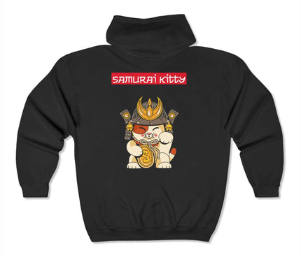 Samurai Kitty Classic Zip Hoodie in black showcasing a cute graphic design, perfect for streetwear lovers.