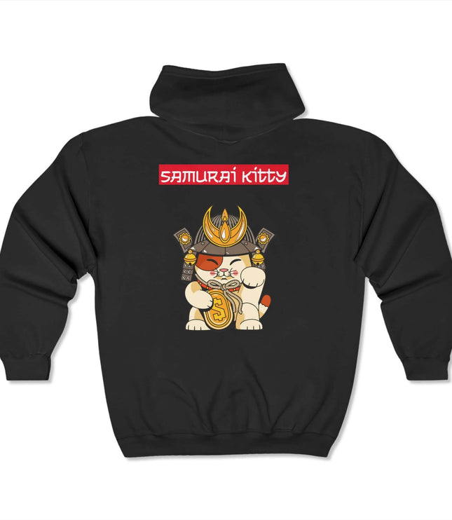 Samurai Kitty Classic Zip Hoodie in black showcasing a cute graphic design, perfect for streetwear lovers.