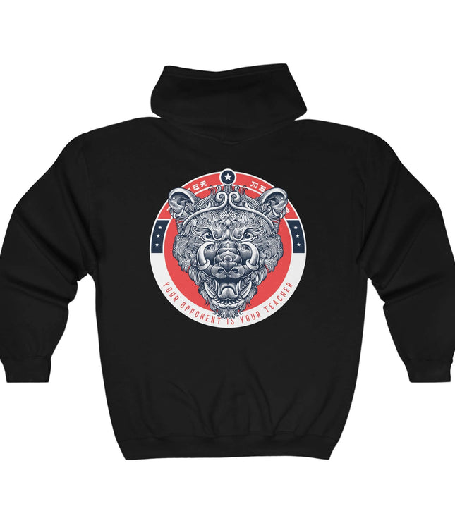 Black graphic hoodie featuring a bear design with 'Your Opponent Is Your Teacher' slogan, perfect for streetwear style.
