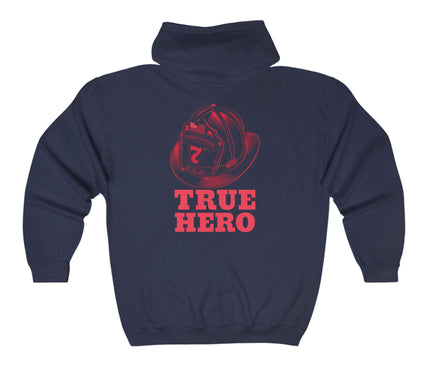 True Hero Classic Zip Hoodie in navy, featuring a graphic design with a baseball mitt and bold text, perfect for streetwear.