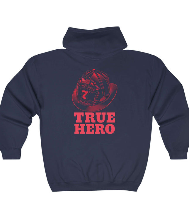 True Hero Classic Zip Hoodie in navy, featuring a graphic design with a baseball mitt and bold text, perfect for streetwear.