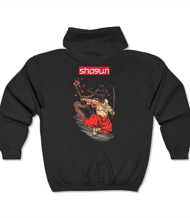 Shogun Classic Zip Hoodie in black featuring a graphic design, perfect for streetwear enthusiasts.