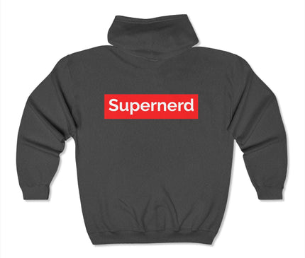 Back view of Supernerd Classic Zip Hoodie in charcoal with bold red graphic, ideal for streetwear style.