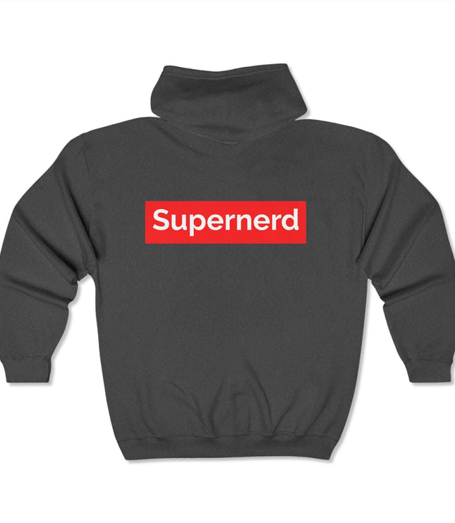 Back view of Supernerd Classic Zip Hoodie in charcoal with bold red graphic, ideal for streetwear style.