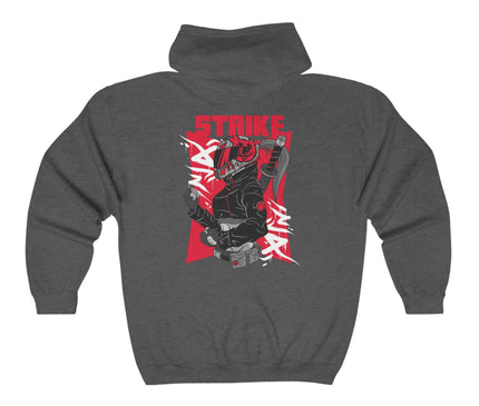 Strike Classic Zip Hoodie in gray featuring streetwear-inspired graphic design and bold red accents.