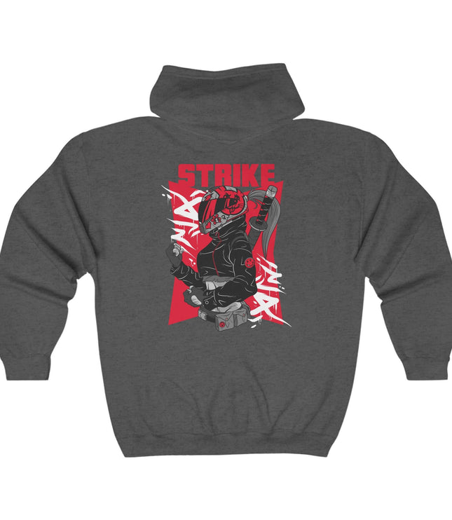 Strike Classic Zip Hoodie in gray featuring streetwear-inspired graphic design and bold red accents.