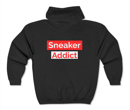 Back view of Sneaker Addict Classic Zip Hoodie in black, featuring bold graphic text, perfect for streetwear style.