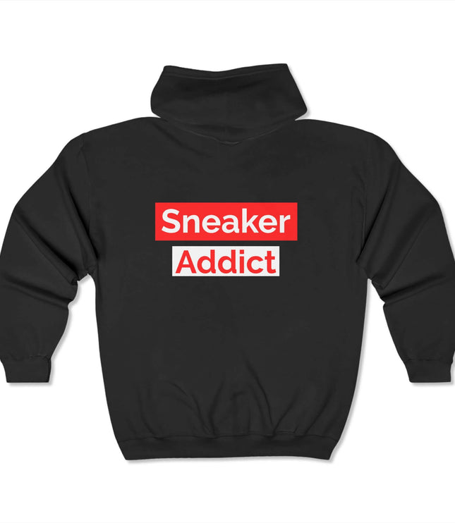Back view of Sneaker Addict Classic Zip Hoodie in black, featuring bold graphic text, perfect for streetwear style.