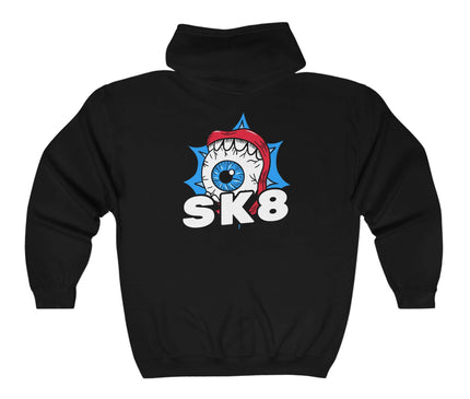 Sk8 Classic Zip Hoodie, black graphic hoodie featuring vibrant eye design, perfect for streetwear style.