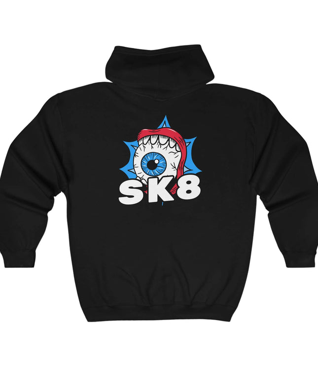 Sk8 Classic Zip Hoodie, black graphic hoodie featuring vibrant eye design, perfect for streetwear style.