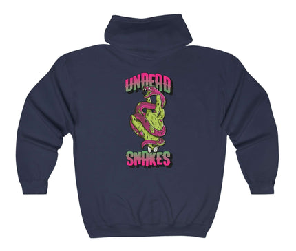 Undead Snakes classic zip hoodie in navy, featuring a vibrant graphic, ideal for streetwear style.