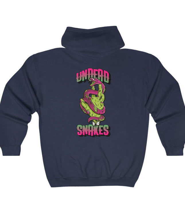 Undead Snakes classic zip hoodie in navy, featuring a vibrant graphic, ideal for streetwear style.
