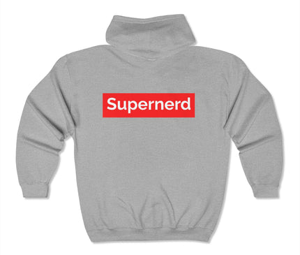 Back view of Supernerd Classic Zip Hoodie in gray with bold red logo, perfect for streetwear and casual style.