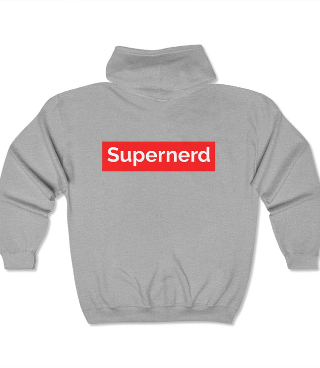 Back view of Supernerd Classic Zip Hoodie in gray with bold red logo, perfect for streetwear and casual style.