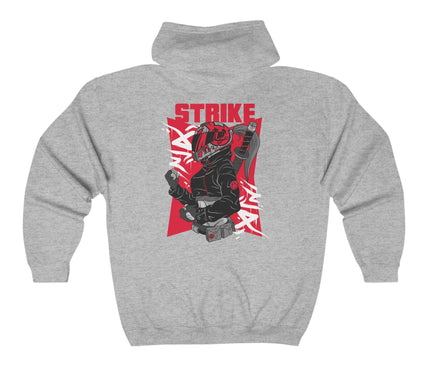 Back view of the Strike Classic Zip Hoodie featuring bold graphic design, ideal for streetwear lovers.