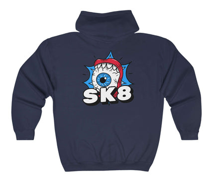 Sk8 Classic Zip Hoodie featuring bold graphic design, perfect for streetwear enthusiasts, made of cotton and polyester blend.