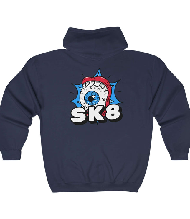 Sk8 Classic Zip Hoodie featuring bold graphic design, perfect for streetwear enthusiasts, made of cotton and polyester blend.