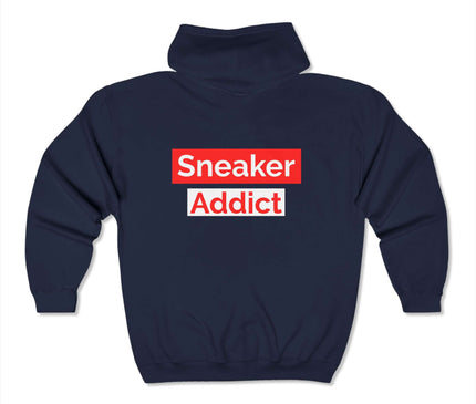 Back view of Sneaker Addict Classic Zip Hoodie in navy, showcasing streetwear graphic design.