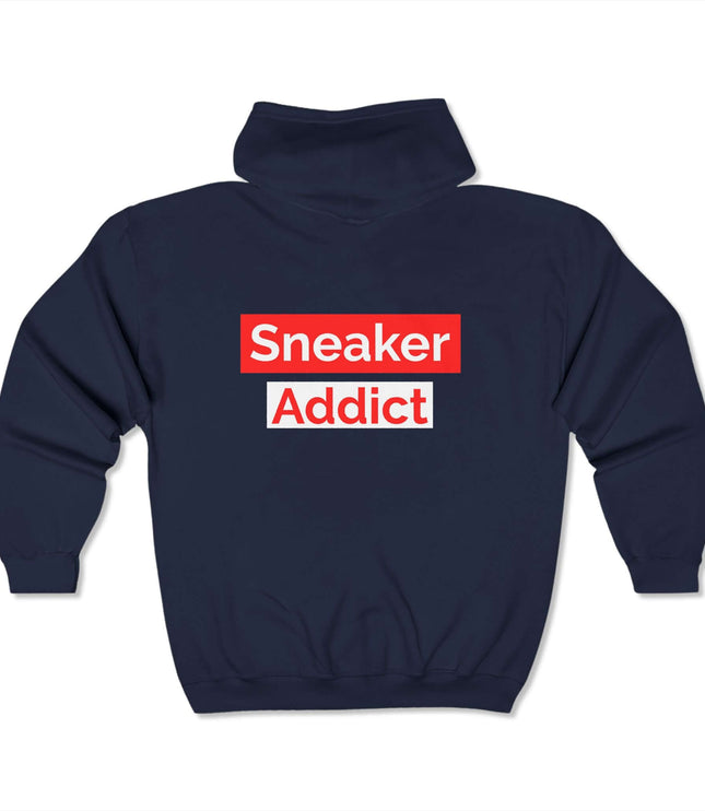 Back view of Sneaker Addict Classic Zip Hoodie in navy, showcasing streetwear graphic design.
