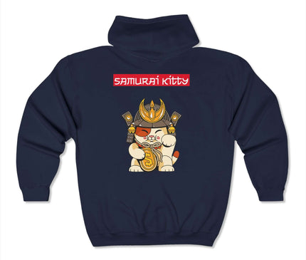 Samurai Kitty Classic Zip Hoodie for streetwear, featuring a graphic design of a samurai cat in navy blue.