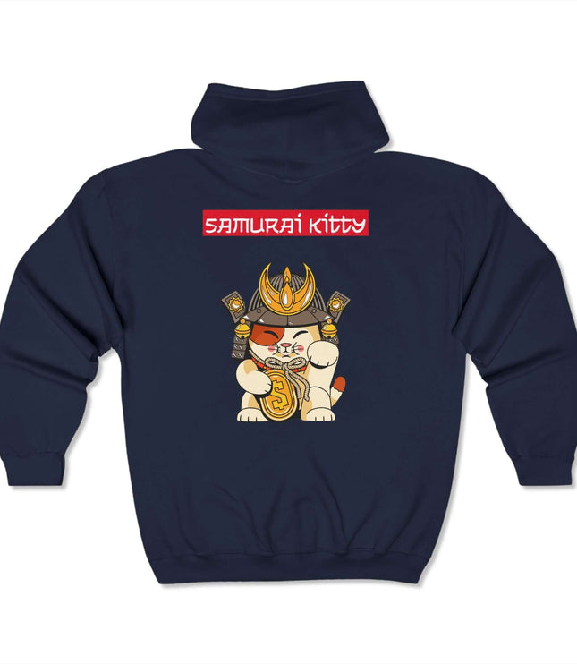 Samurai Kitty Classic Zip Hoodie for streetwear, featuring a graphic design of a samurai cat in navy blue.