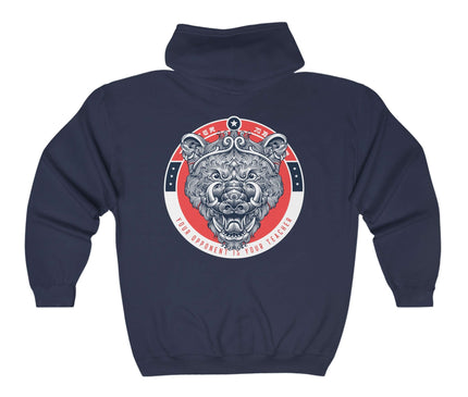Your Opponent Is Your Teacher graphic hoodie, navy blue streetwear with bear design, classic zip hoodie.