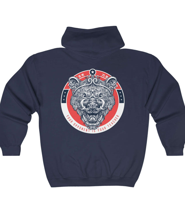 Your Opponent Is Your Teacher graphic hoodie, navy blue streetwear with bear design, classic zip hoodie.