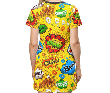 Colorful Wham Boom women's tee dress with comic book graphics in yellow, featuring vibrant patterns and playful text.