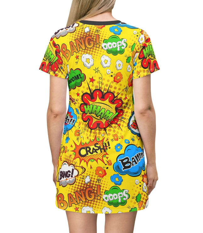 Colorful Wham Boom women's tee dress with comic book graphics in yellow, featuring vibrant patterns and playful text.