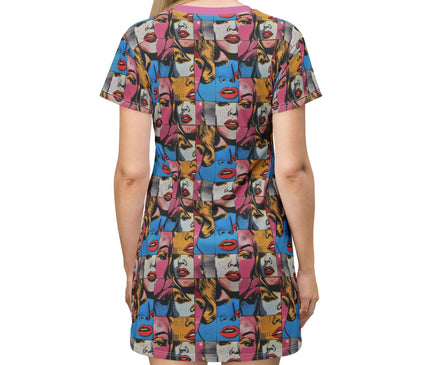 Colorful Pop Art Woman Faces Women's Tee Dress