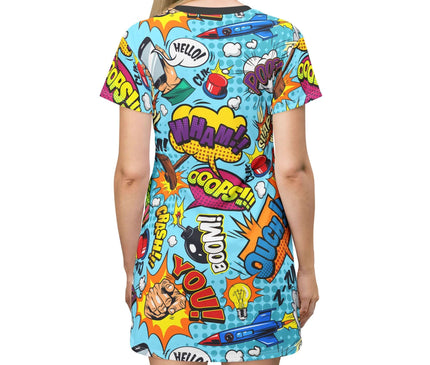 Colorful comic book-themed dress with various graphics on a white background