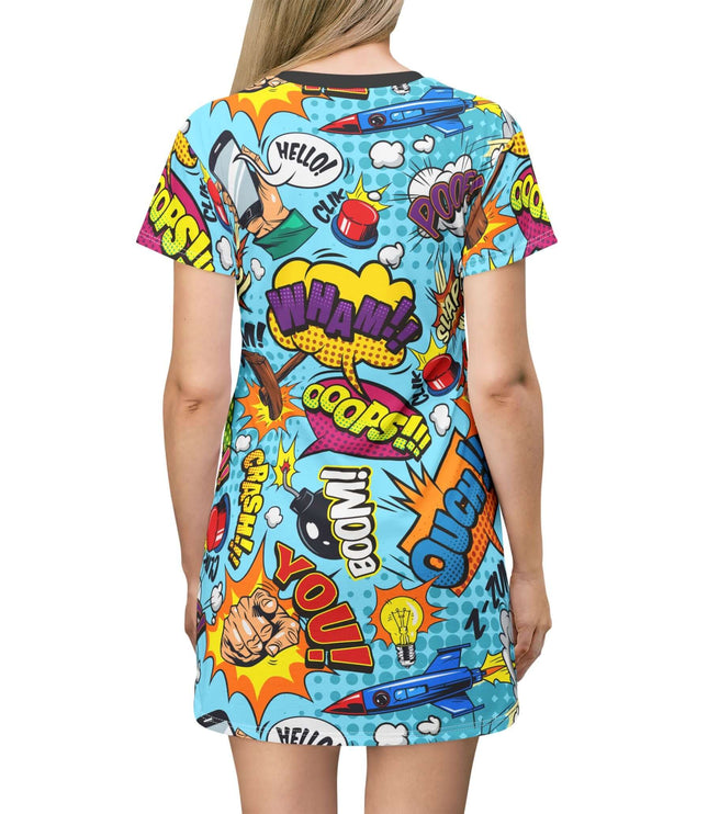Colorful comic book-themed dress with various graphics on a white background