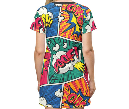 Colorful comic-style dress with 'POOF!' and 'OMG!' text on a white background